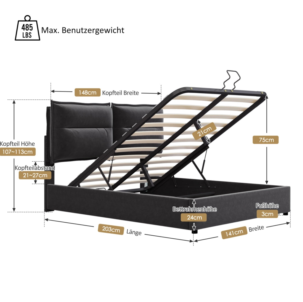Letto matrimoniale imbottito 140x200 cm con testiera regolabile e contenitore; velluto nero