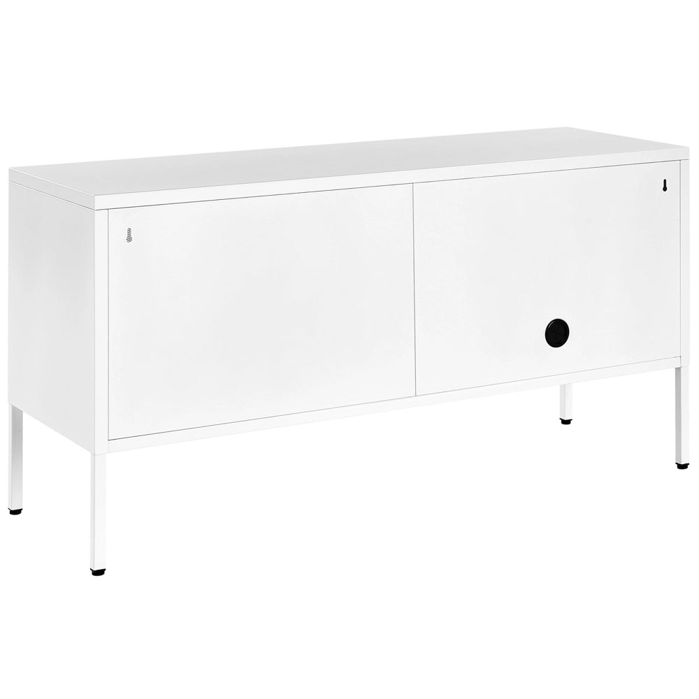 Credenza in metallo bianco 118 x 40 cm 2 ante in rete ripiani gambe gestione cavi mobile tv industriale soggiorno