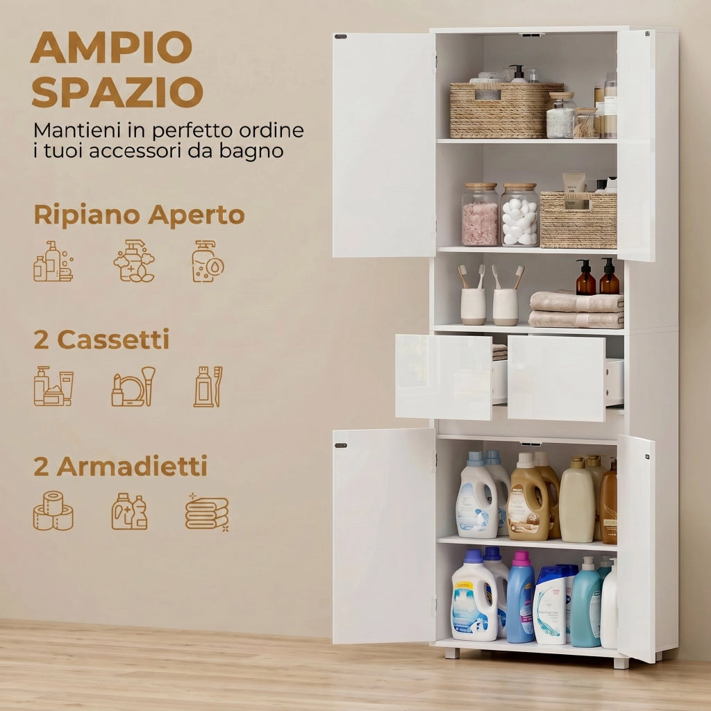 Mobile Alto da Bagno Slim Bianco Lucido con Cassetti e Ripiani