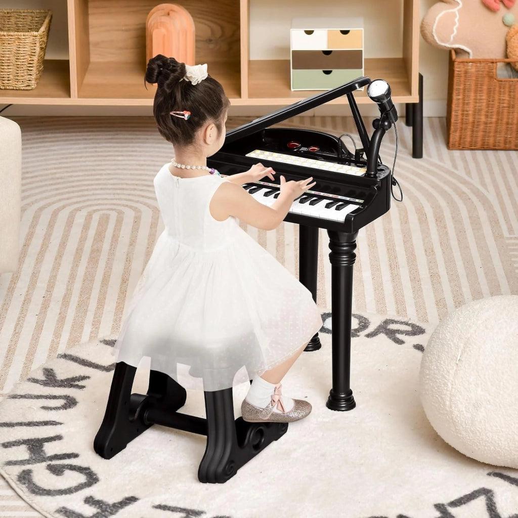Tastiera Pianoforte a 31 Tasti per Bambini con Microfono e Sgabello, Tasti Giocattolo Portatile con Modalità di Insegnamento a LED, Pianoforte a Coda per Bambini 3+ Anni (Nero)