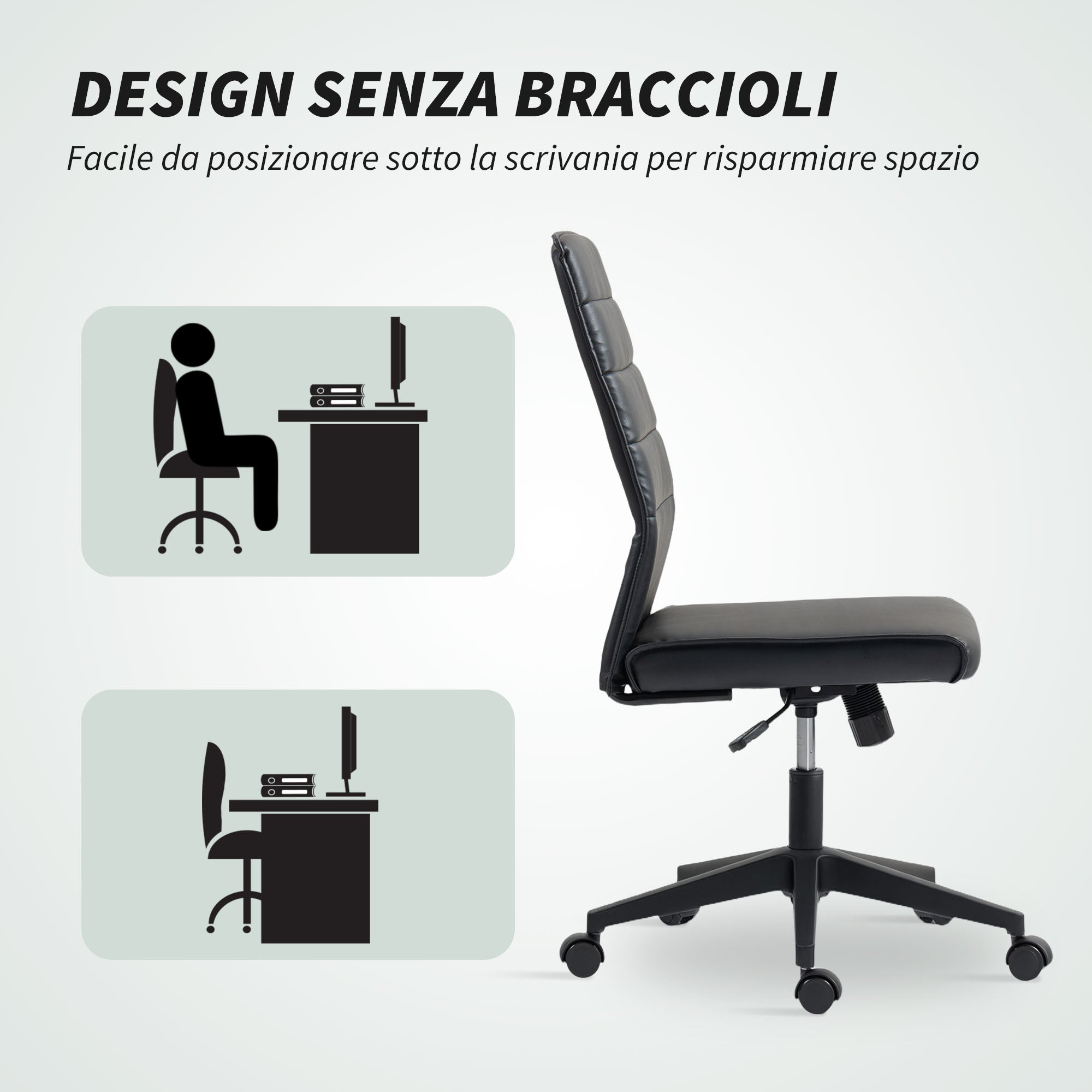 Sedia da Ufficio Ergonomica e Regolabile 58x53x97-107 cm con Schienale Ricurvo in Pelle PU e Acciaio Nero