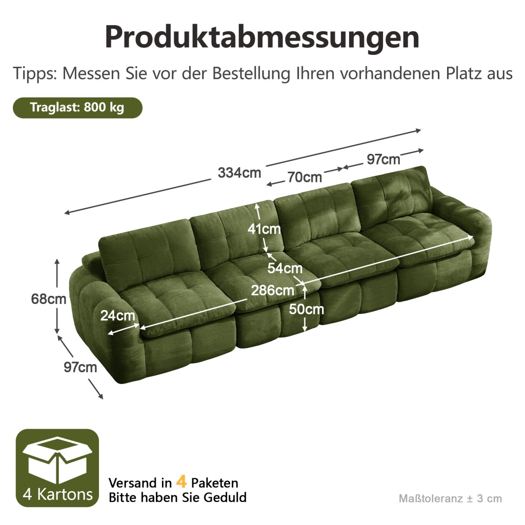 Divano modulare a 4 posti senza struttura con seduta ampia e profonda in ciniglia verde 334 × 97 × 68 cm