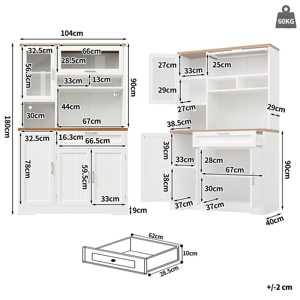 Armadio da cucina alto con vetrina - Xylo - 104x40x180 cm - Bianco/Nero - Illuminazione LED per cucina e soggiorno
