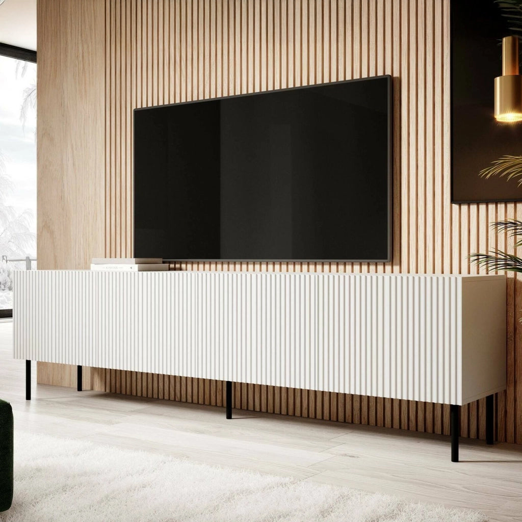 Mobile porta TV Priocca, Madia da salotto con quattro ante battenti, Rialzato da terra, 200x42 h52 cm, Bianco