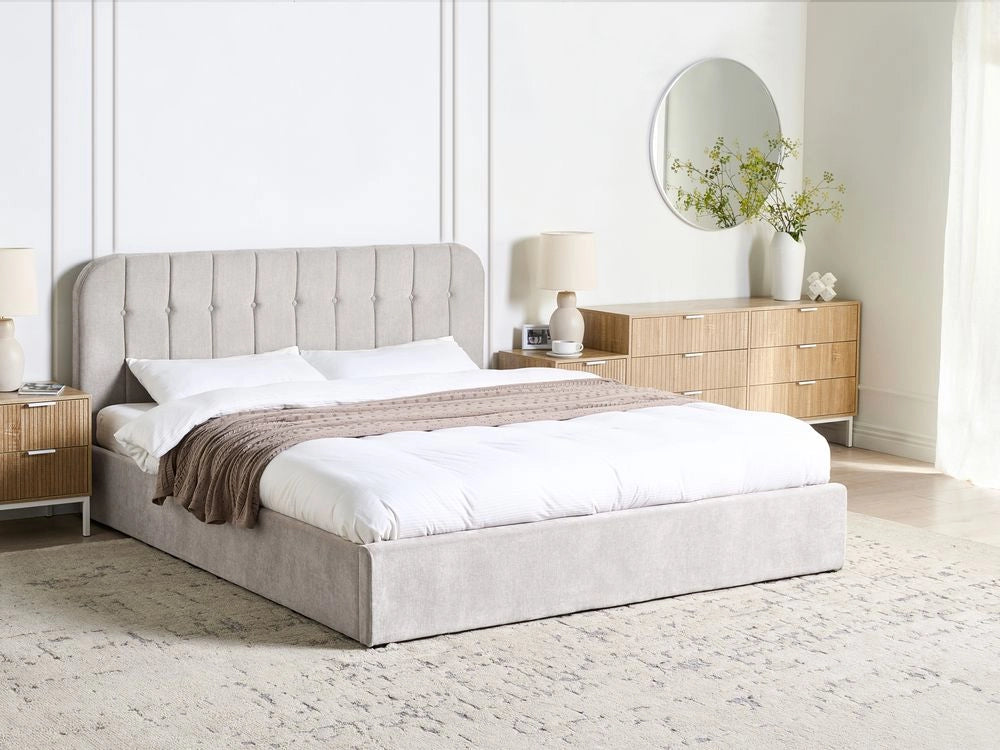 Letto matrimoniale ottomano 180 x 200 cm in tessuto Base letto a doghe Testiera trapuntata bianco sporco