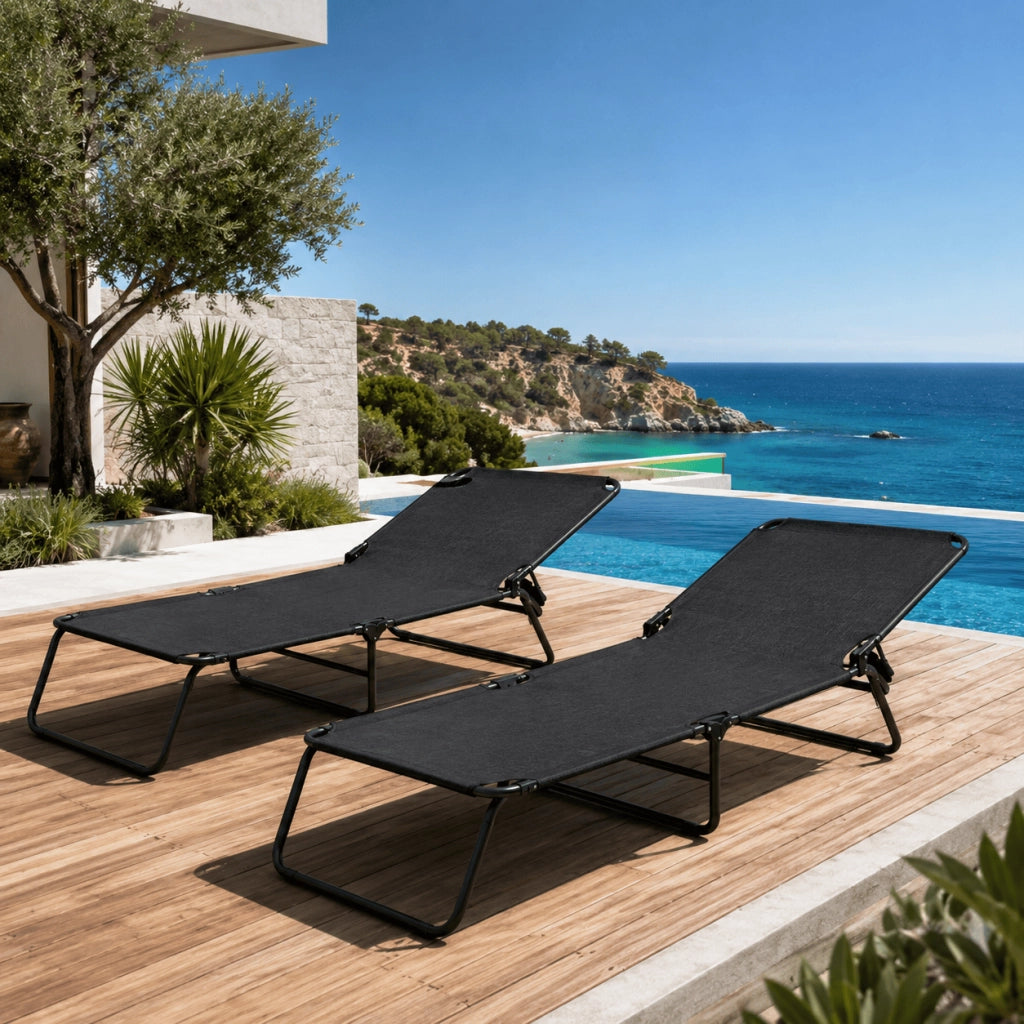 Set 2 Sdraio Mare Pieghevoli Senza Tettuccio Leggere E Portatili Schienale Regolabile Telaio In Acciaio Con Telo Traspirante Ideali Per Spiaggia Campeggio Giardino 24 x 187 x 53 Cm Nero