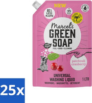 25 x Sapone Verde - Detersivo Liquido - Universale - Confezione - Patchouli e Cranberry - Efficace e Naturale - 23 Lavaggi - 1 litro - Detersivo - Navetta - Detersivo Duraturo - Senza Palmol - Profumo Arancia e Jasmino