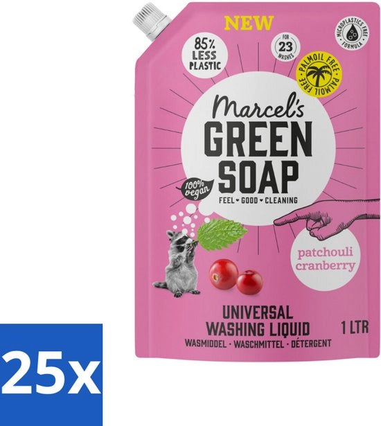 25 x Sapone Verde - Detersivo Liquido - Universale - Confezione - Patchouli e Cranberry - Efficace e Naturale - 23 Lavaggi - 1 litro - Detersivo - Navetta - Detersivo Duraturo - Senza Palmol - Profumo Arancia e Jasmino