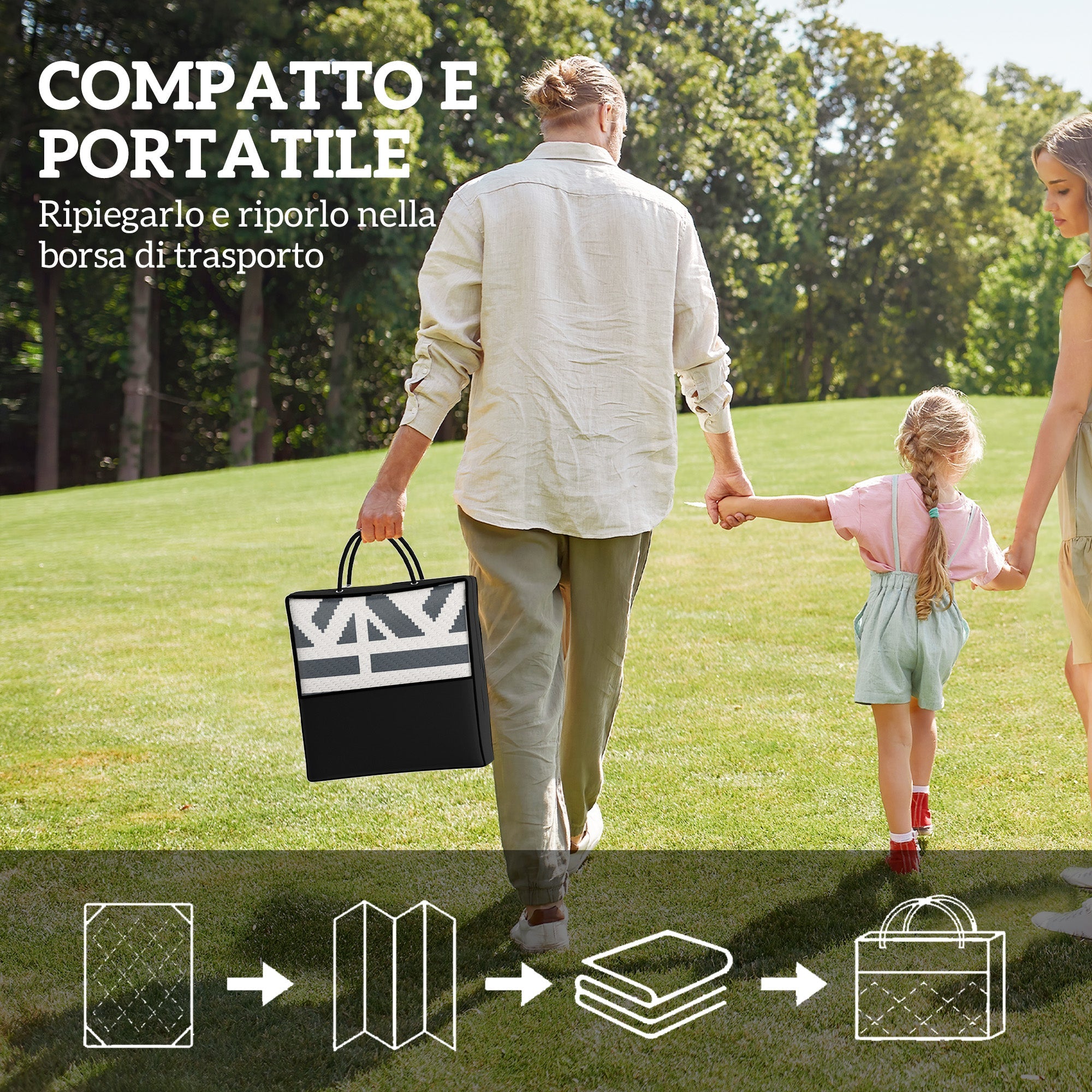 Tappeto da Esterno Reversibile 182x274 cm con Motivo Geometrico e Borsa Inclusa Grigio e Bianco