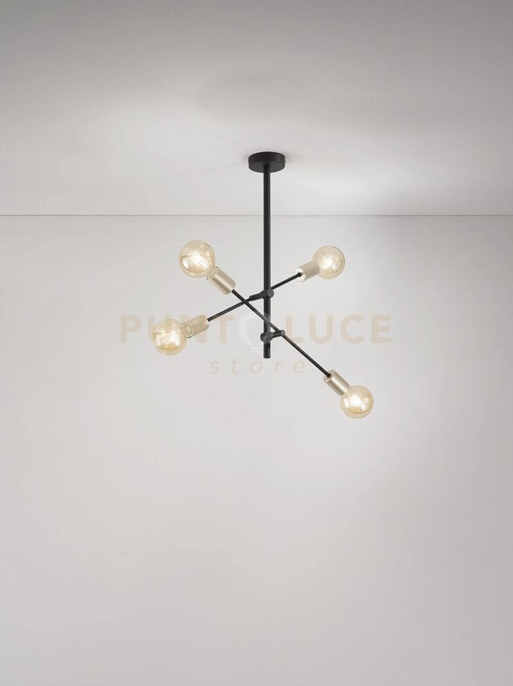 Sospensione in metallo nero opaco + ottone invecchiato Vector d.42cm 4 luci attacco E27