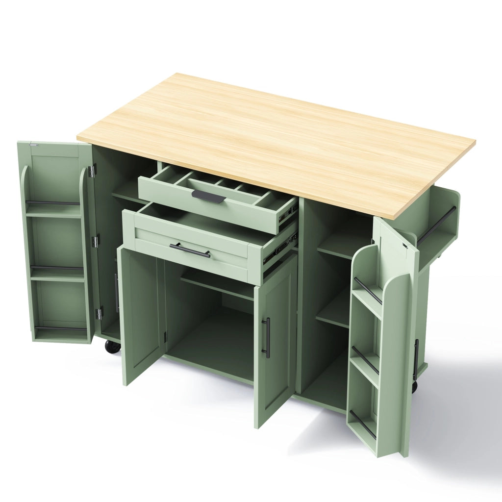 Carrello cucina mobile con piano estraibile 120x45 cm, anta doppia, cassetto nascosto e ripiani regolabili, verde anticato