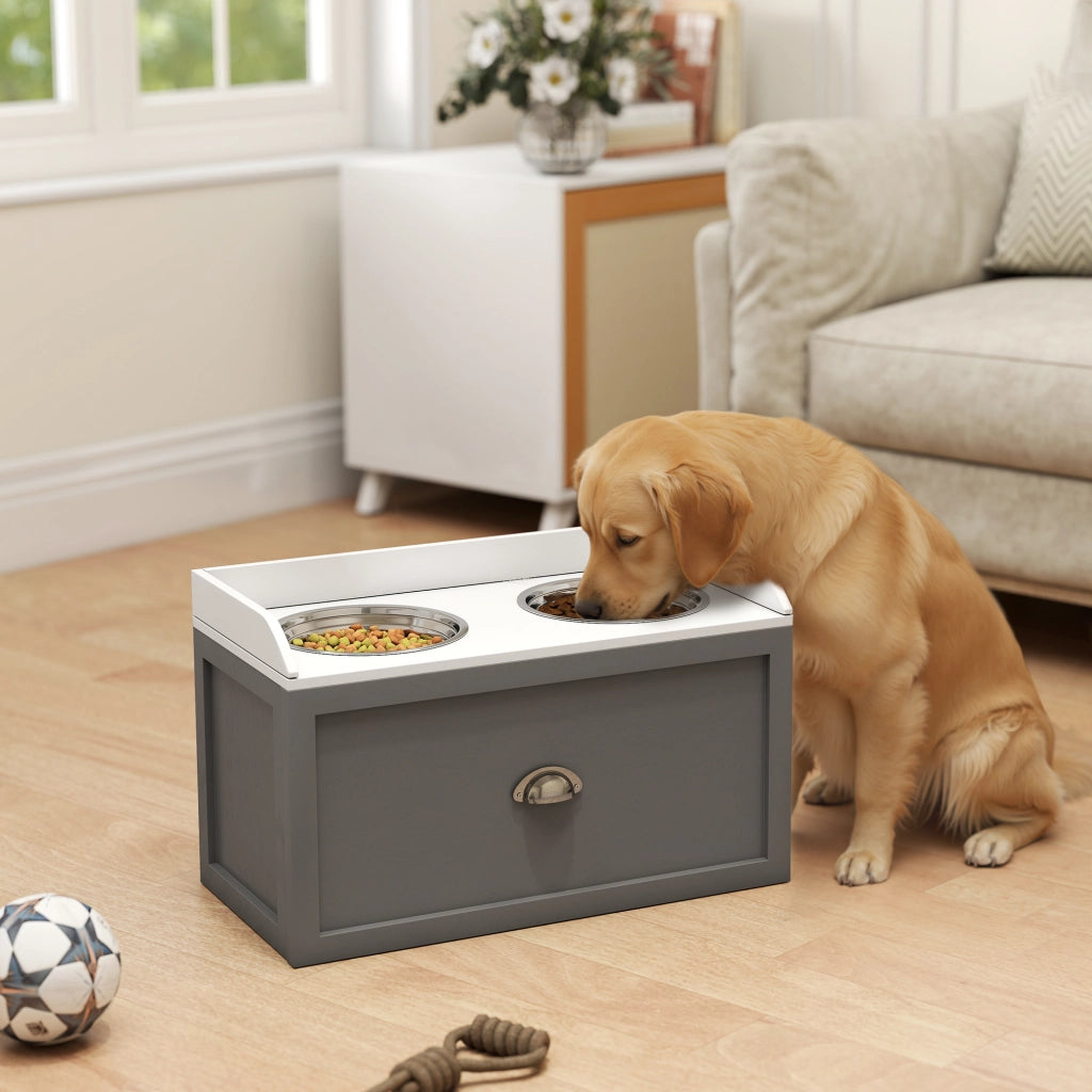 Ciotole rialzate per cani e gatti con cassetto portaoggetti ¨C Xylo ¨C acciaio inox, MDF bianco grigio