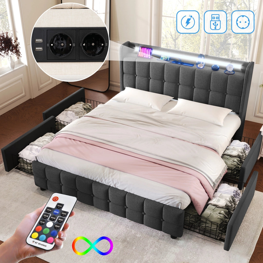 LETTO Contenitore 160x200 cm Grigio con materasso incluso, LED e 4 cassetti