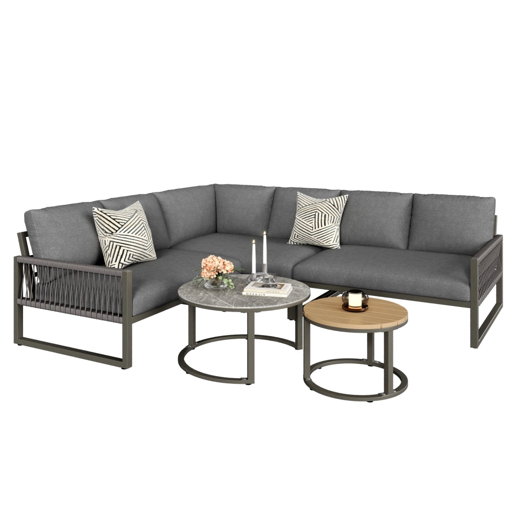 Set lounge da giardino grigio con divani; 2 tavolini e cuscini; metallo e poliestere