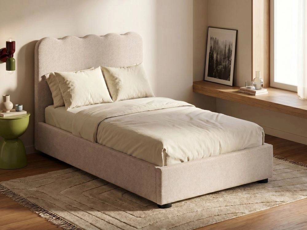 Letto in tessuto beige chiaro 120 x 200 cm contenitore elevabile con testiera e rete a doghe
