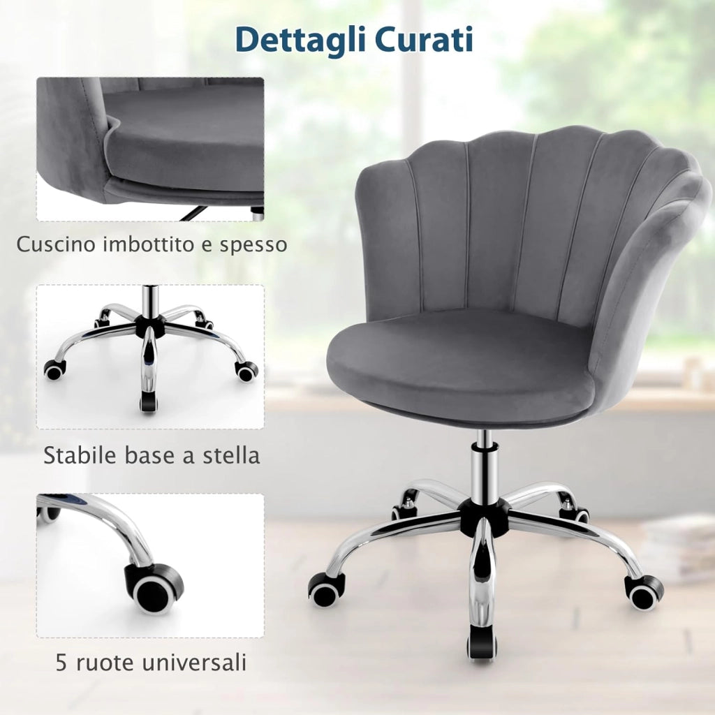 Sedia da Scrivania in Velluto, Poltrona Girevole con Altezza Regolabile, con Schienale a Forma di Petalo e Ruote, per Casa Ufficio, Carico Massimo 150 kg (Grigio)
