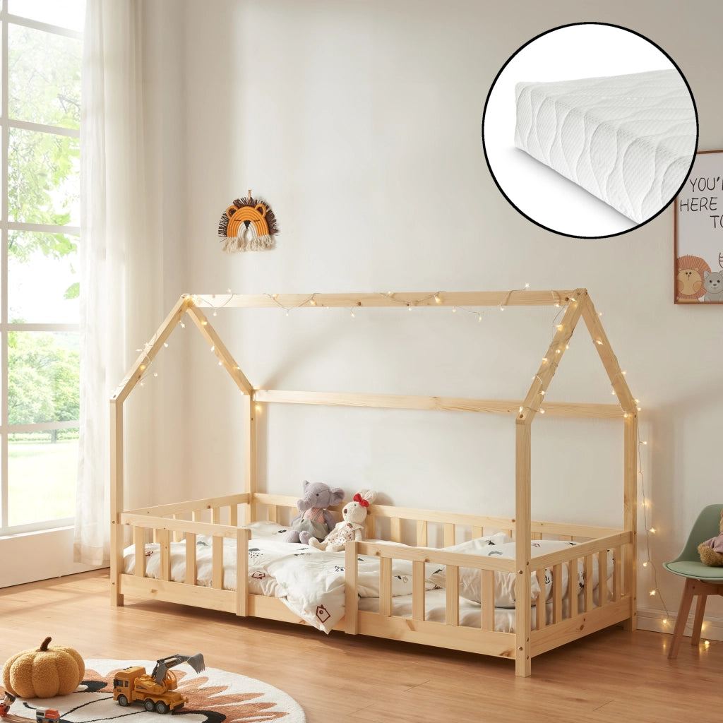 Letto per Cameretta Sisimiut a Forma di Casetta con Materasso 90x200 cm Color Legno Naturale [en.casa] [neu.haus]