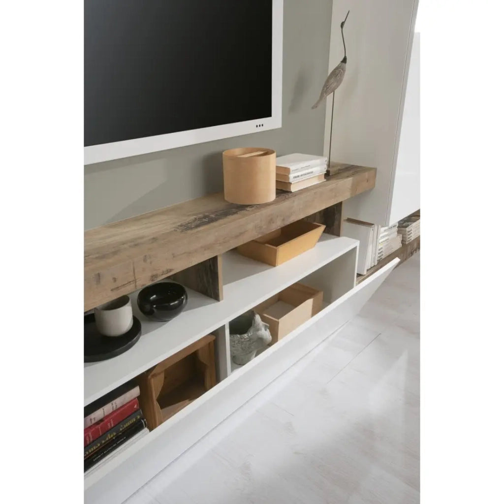 Set mobili soggiorno con contenitori 220 cm, collezione BURA, bianco lucido/rovere chiaro