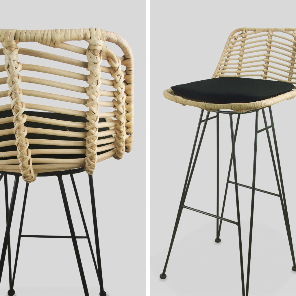 Set di 2 sgabelli da bar in metallo e rattan, nero