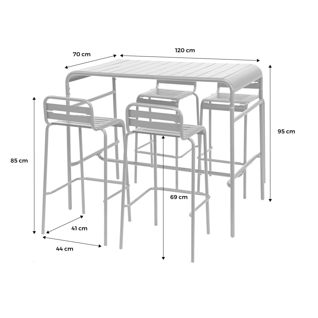 Set tavolo alto da giardino in acciaio con 4 sgabelli, 120cm, beige