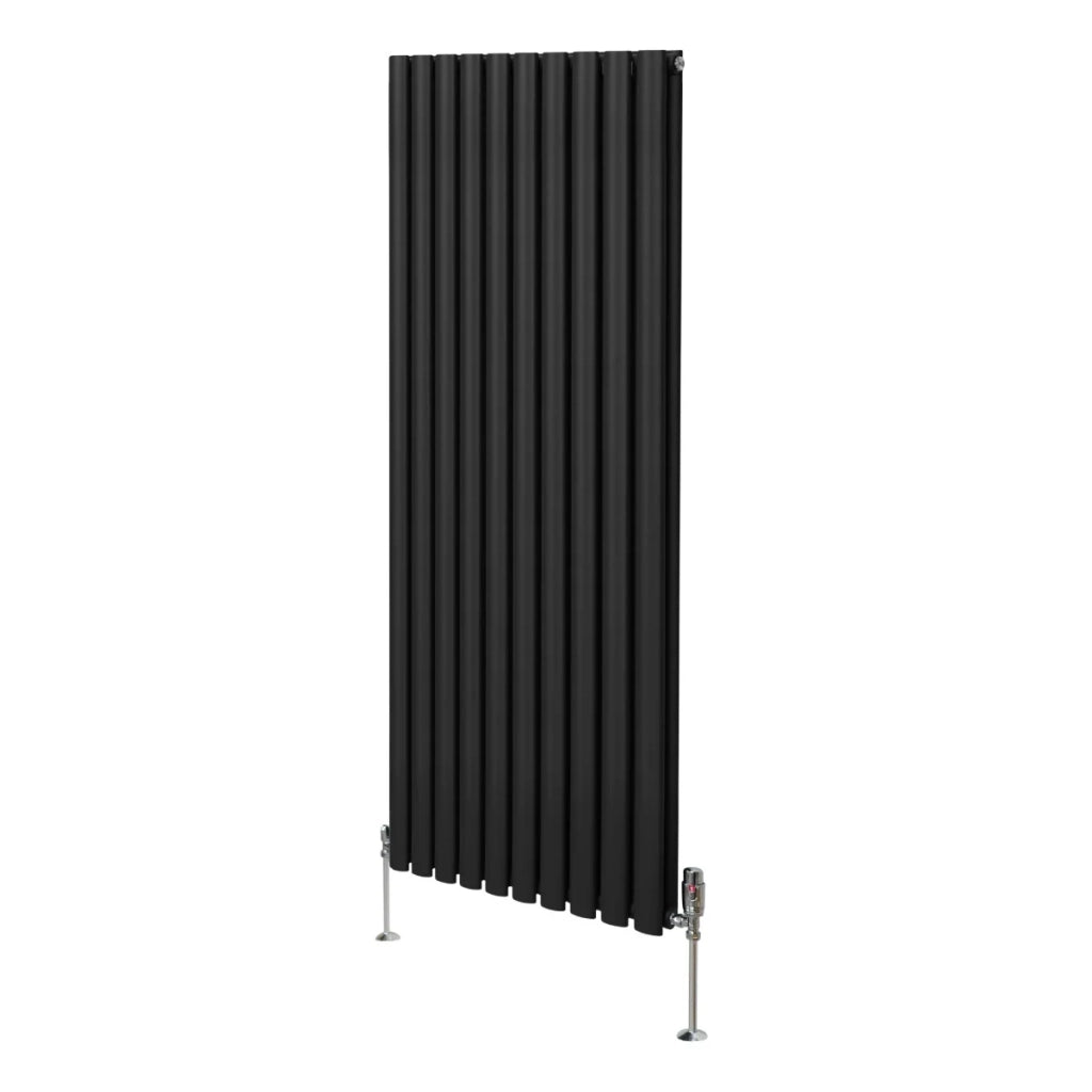 Radiatore a colonna ovale e valvole cromate TRV Designer nero 1600mm x 600mm