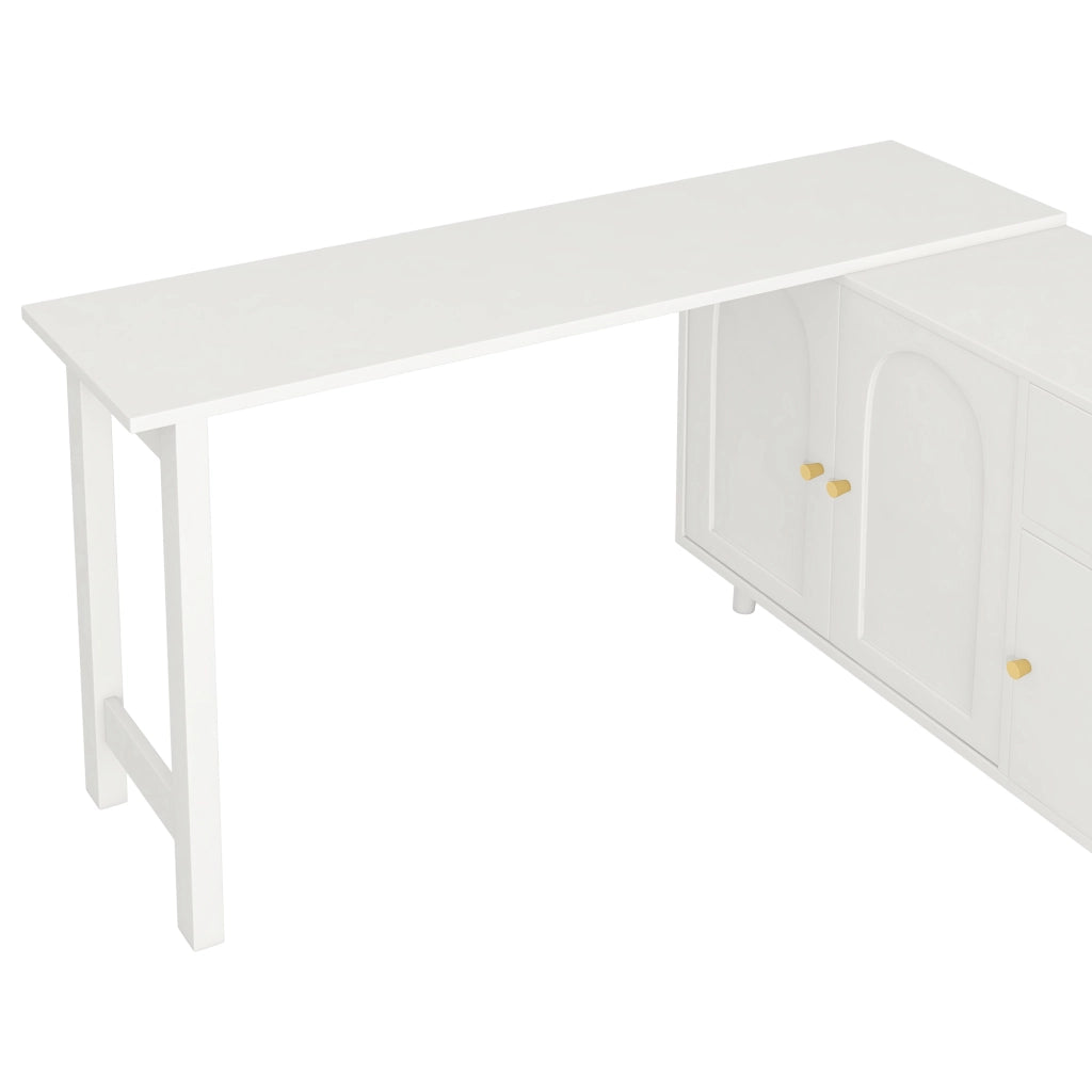 Scrivania girevole 360° con 3 ante e 1 cassetto funzione 2 in 1 per soggiorno e ufficio domestico in truciolare bianco
