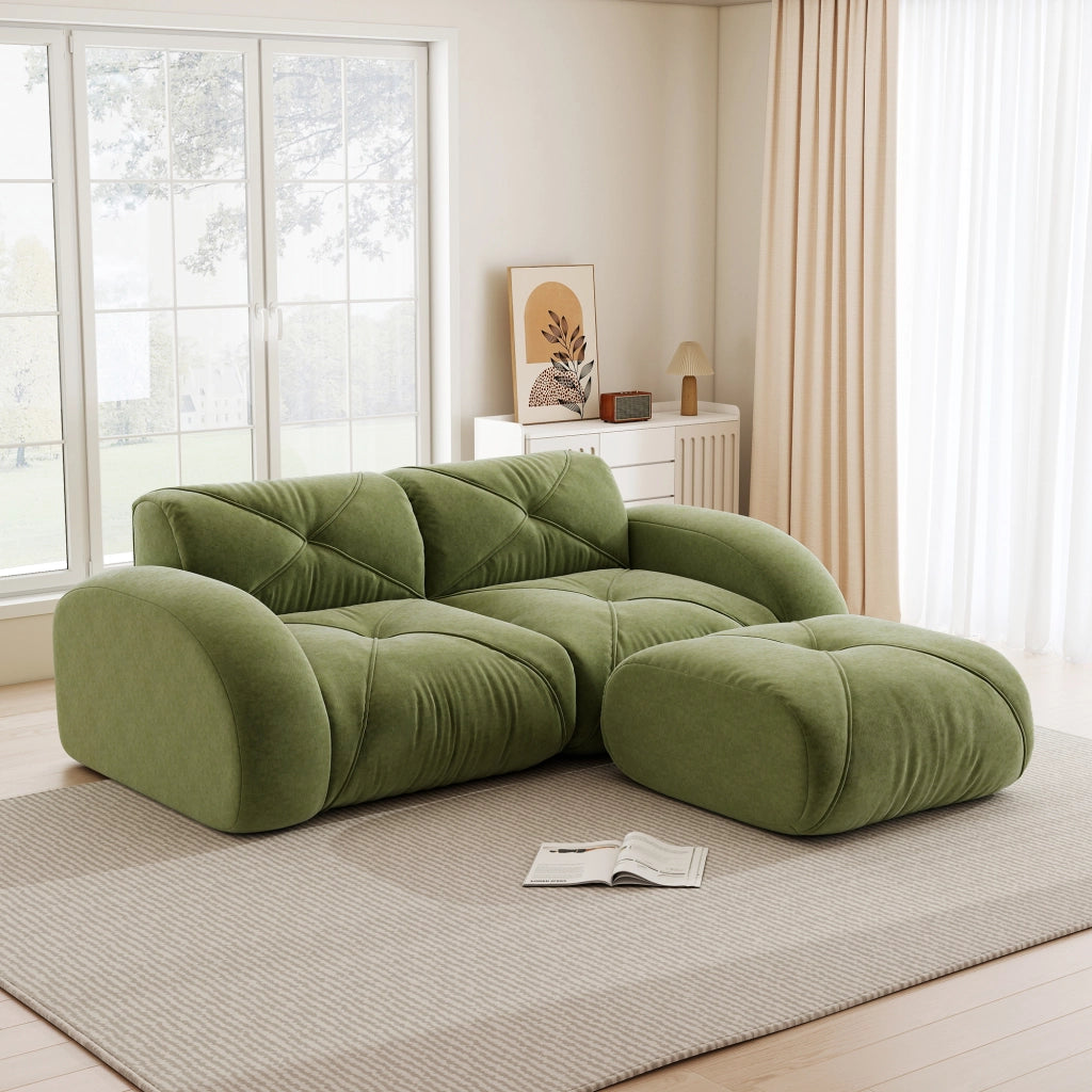 Divano modulare 2 posti con pouf in chenille e schiuma ad alta densità senza telaio per soggiorno verde familiare