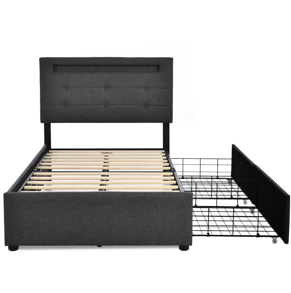 Letto singolo 90x200 cm in lino grigio con LED e 2 cassetti; testiera regolabile