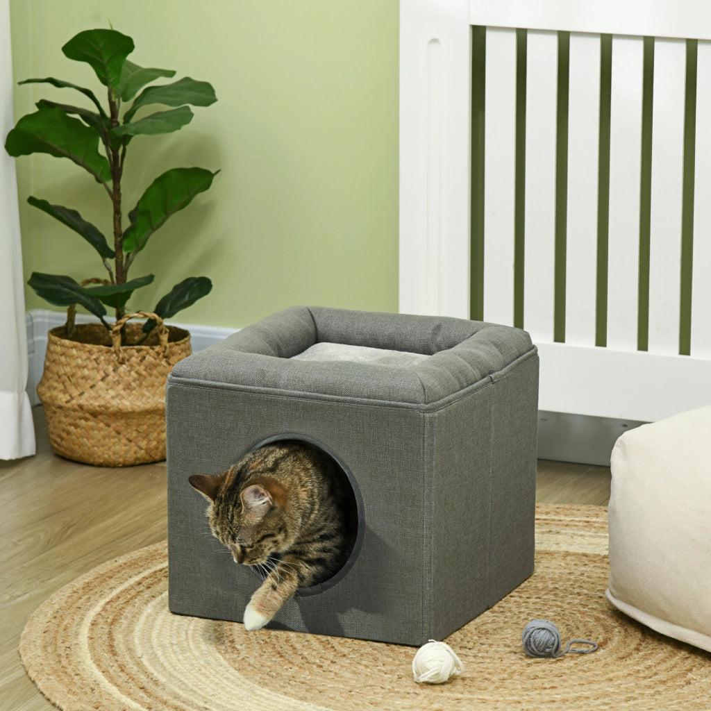 Casetta per Gatti a 2 Livelli con Cuscino in Peluche. in Legno. Poliestere e Plastica. 36.5x36.5x33 cm. Verde