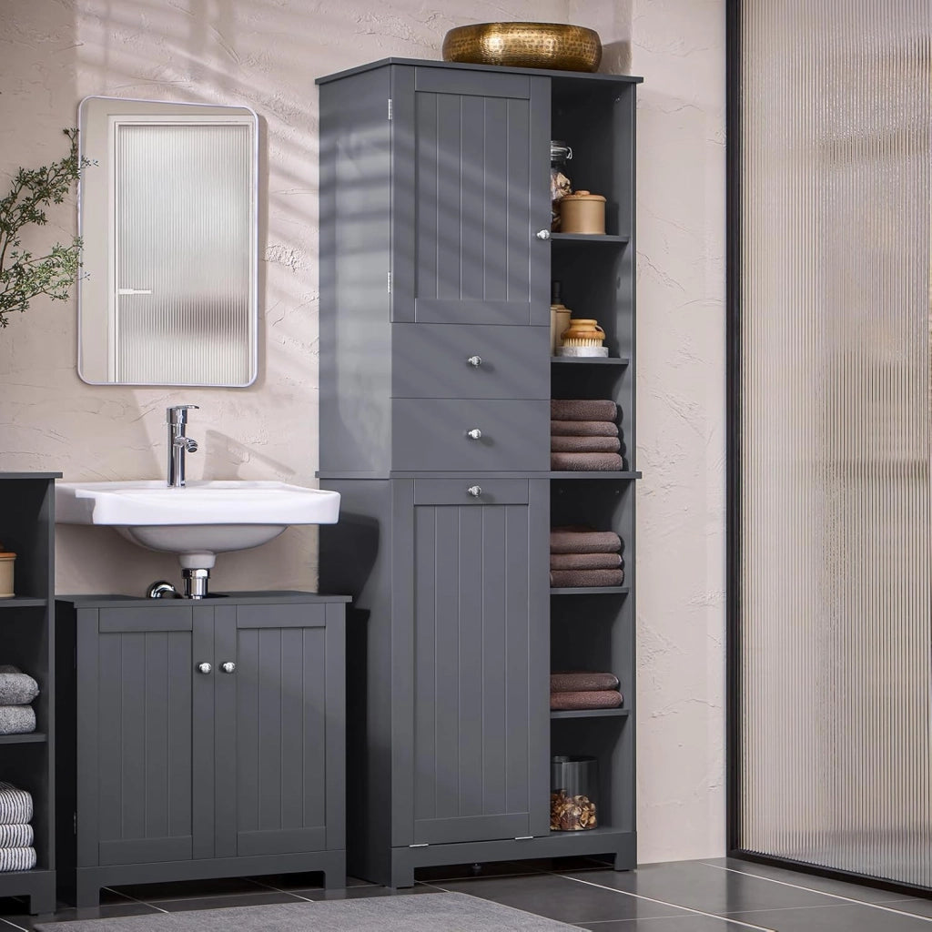 Mobile Bagno con Cesto per Linge Mobile Rangemento Alto Armadio Bagno con 6 Ripiani e 2 Cassetti Mobiletto Salvaspazio Grigio 60x37x171 cm BZR104-DG