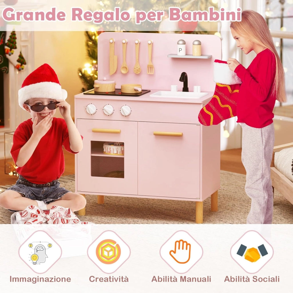 Cucina Giocattolo con Fornelli a Suoni e Luci Reali, Cucina per Bambini in Legno con Lavandelo Estrabile, Rubinetto e Forno, Set Cucina con 11 Accessori, 55 x 31 x 75 cm (Rosa)