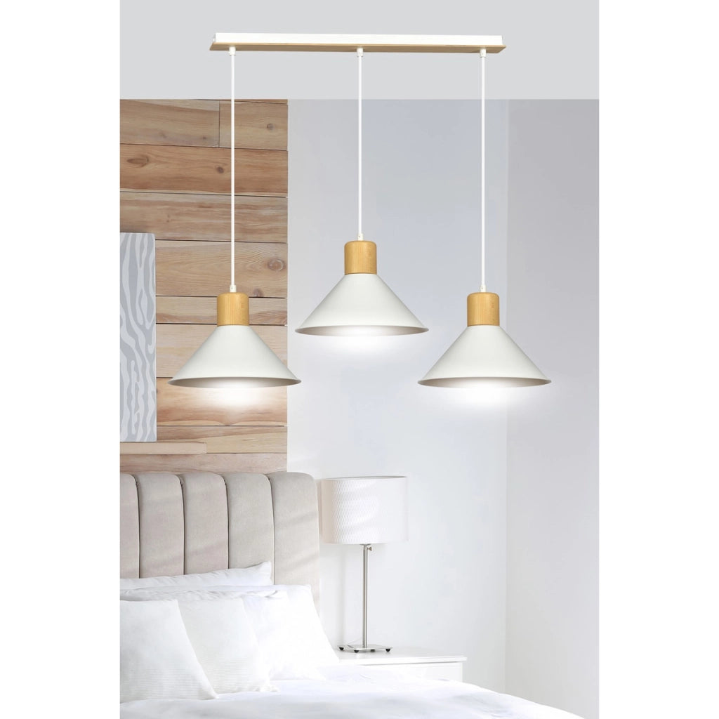 Lampada a sospensione ROWEN con inserti in legno e finitura bianca opaca