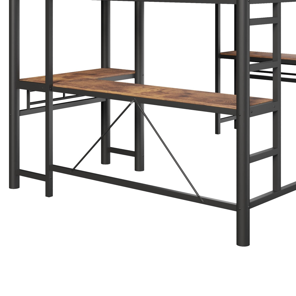 Letto a soppalco 90 × 200 cm con scrivania integrata scala doppia barriera alta metallo e MDF nero