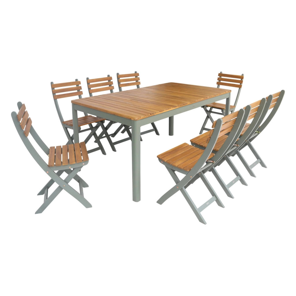 Set tavolo da giardino in acacia con angoli arrotondati con 8 sedie,