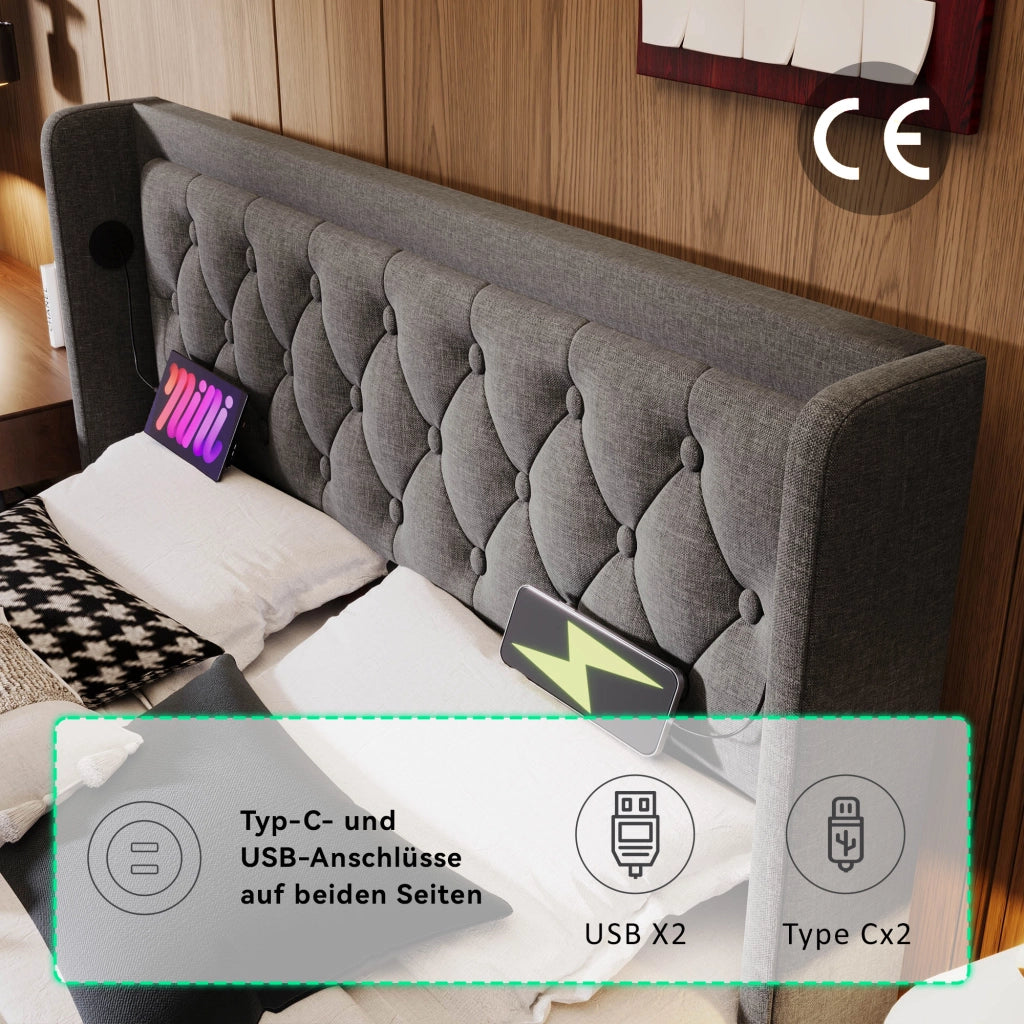 OKWISH Letto Contenitore 180×200 cm, Letto Matrimoniale con USB, Type C, LED e Testiera Imbottita, senza Materasso, in Cotone, Grigio