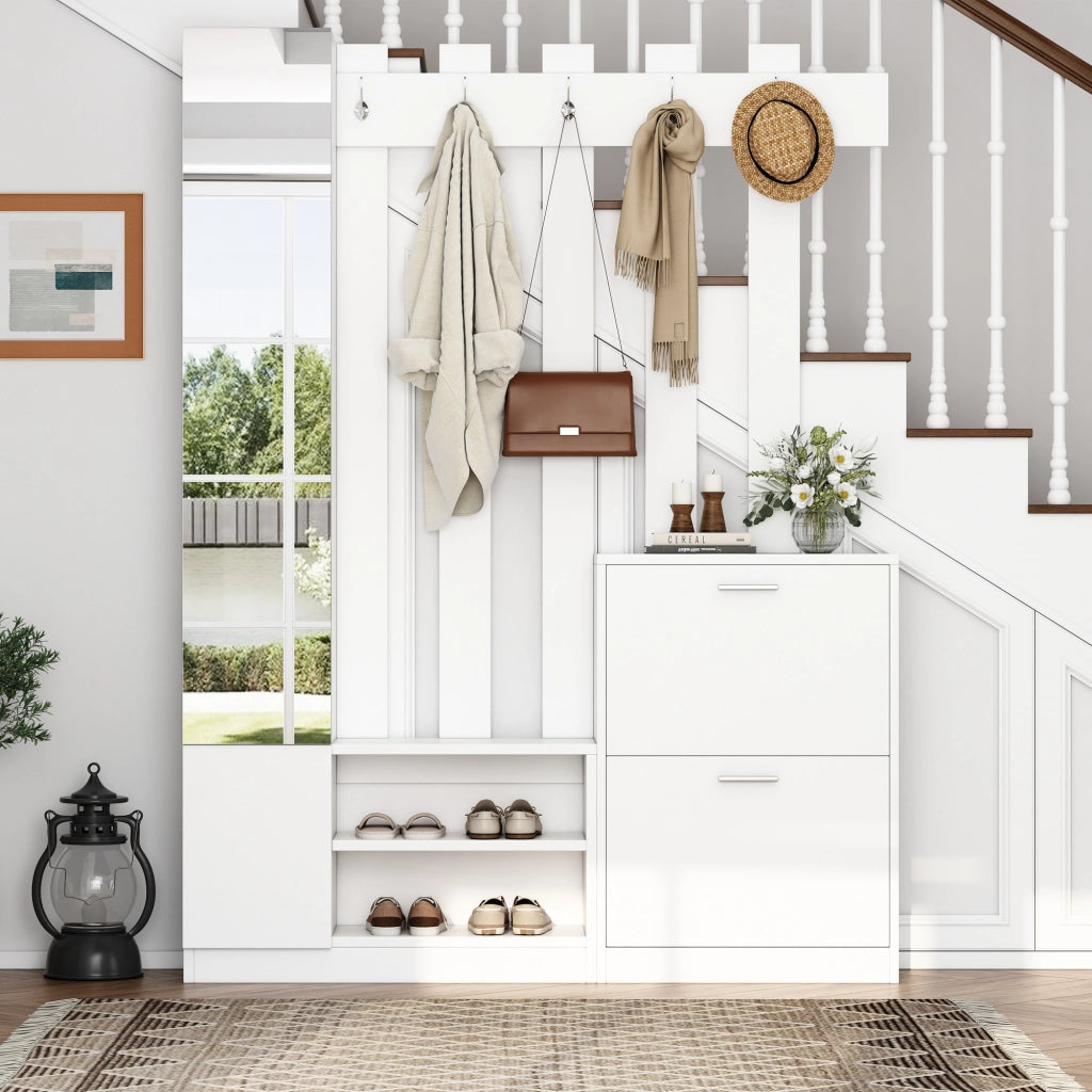 OKWISH Set da 1 Mobile da Ingresso con Specchio, 2 Scarpiere, Ripiani e 5 Ganci, Pannello di Truciolare Bianco
