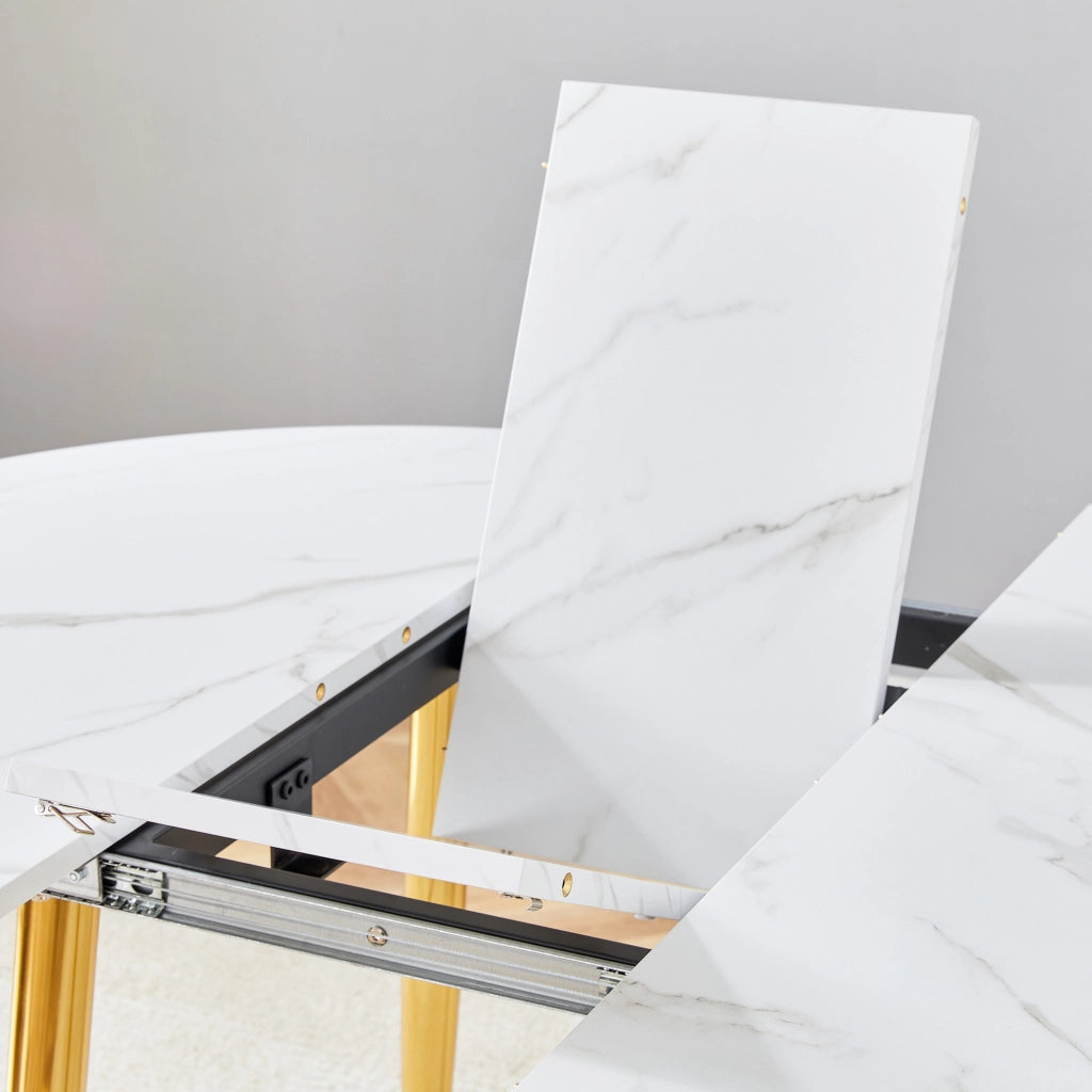 Tavolo da pranzo allungabile rotondo con piano in MDF e gambe in metallo, moderno, con bordi arrotondati, bianco