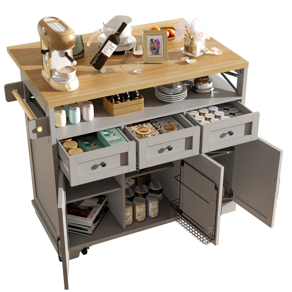 Carrello da Cucina con 3 Cassetti; Piano Ribaltabile; Divisori Rimovibili; Portasciugamani e Ruote; in MDF e Metallo; Grigio; 118 x 43-80 x 98 cm