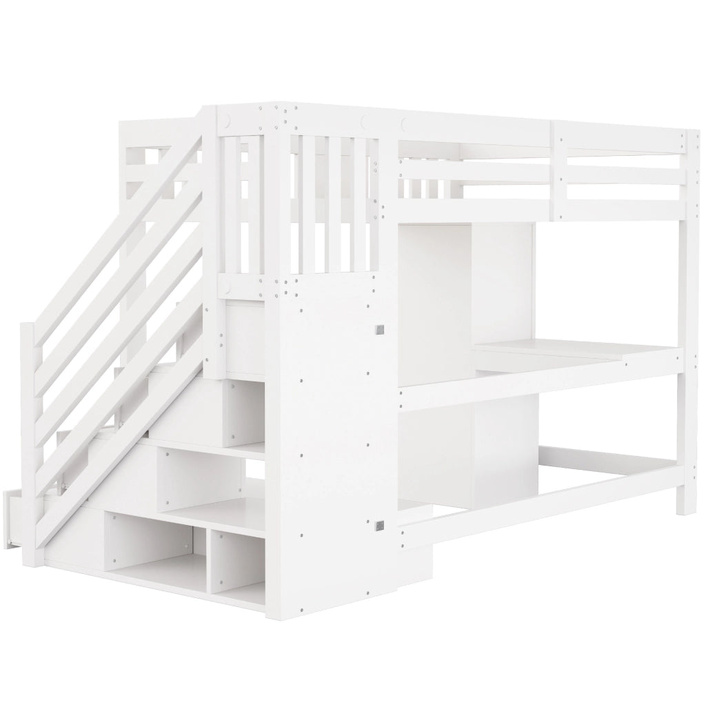 Letto a soppalco multifunzione 140x200 cm bianco in legno con scrivania; LED e contenitori
