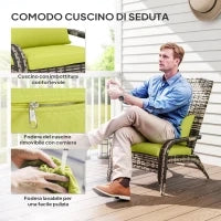 Sedia da Giardino Adironrack con Braccioli e Cuscini, Sedia in Rattan e Acciaio per Interni ed Esterni, 64x80x90 cm, Verde