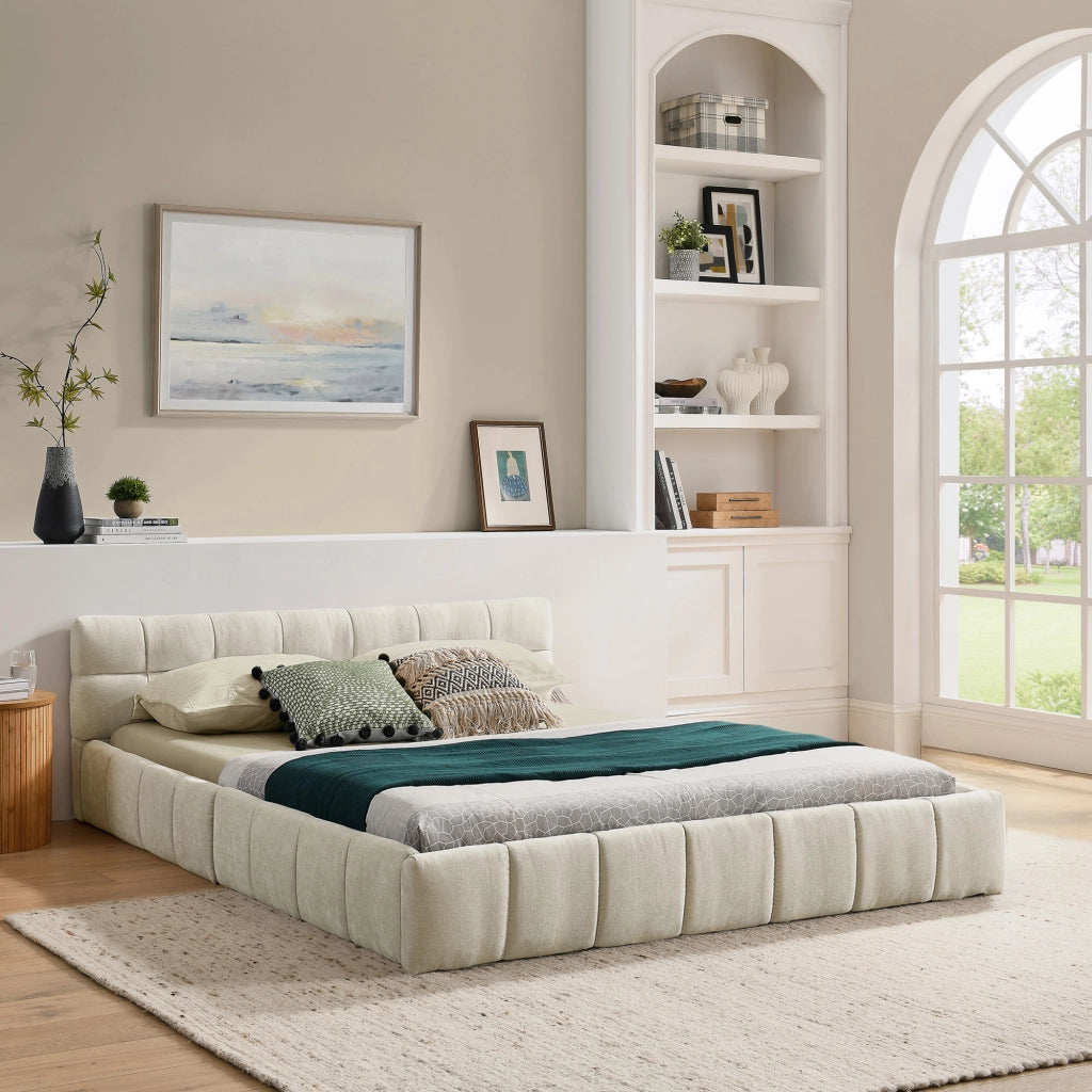 Letto matrimoniale in chenille con testiera, 140x200 cm, beige