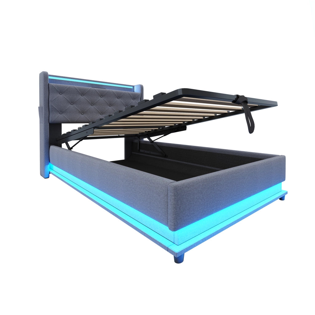 Letto bambino 90×200 cm con contenitore idraulico; LED; 3 USB e Type-C; senza materasso; grigio
