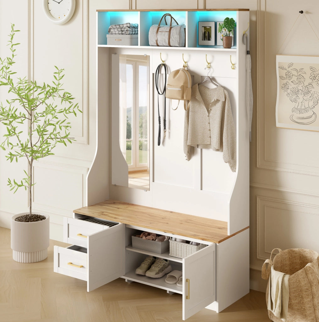 Mobile da ingresso portascarpe 120x40x187 cm MDF bianco con LED， specchio e vani