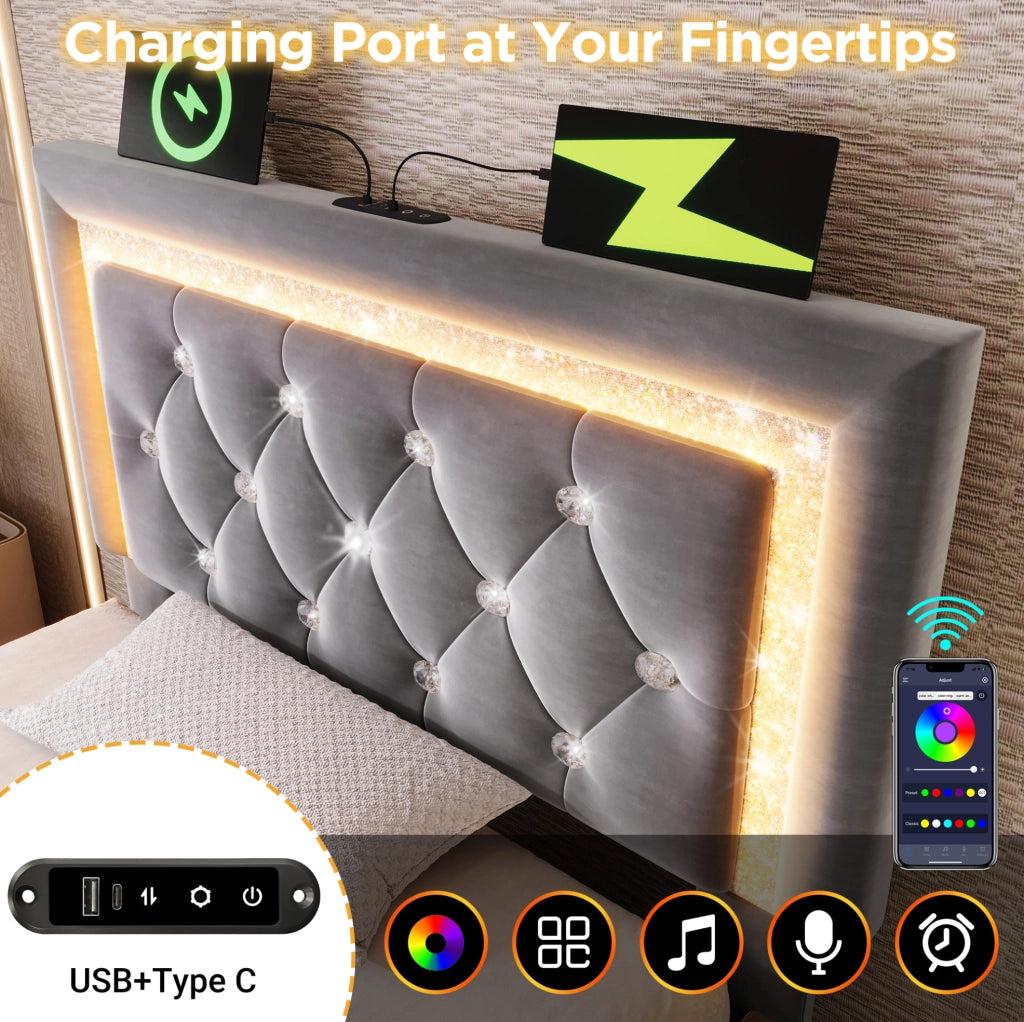 Letto imbottito ULEVR 90x200 cm con materasso, contenitore idraulico, LED, USB e Type-C, velluto grigio