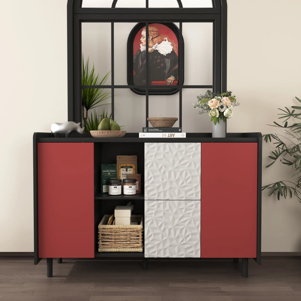 Credenza con 2 Cassetti e 2 Vani Aperti; Ante Rosse; Stile Moderno; in MDF; 120??40??80 cm; Nero