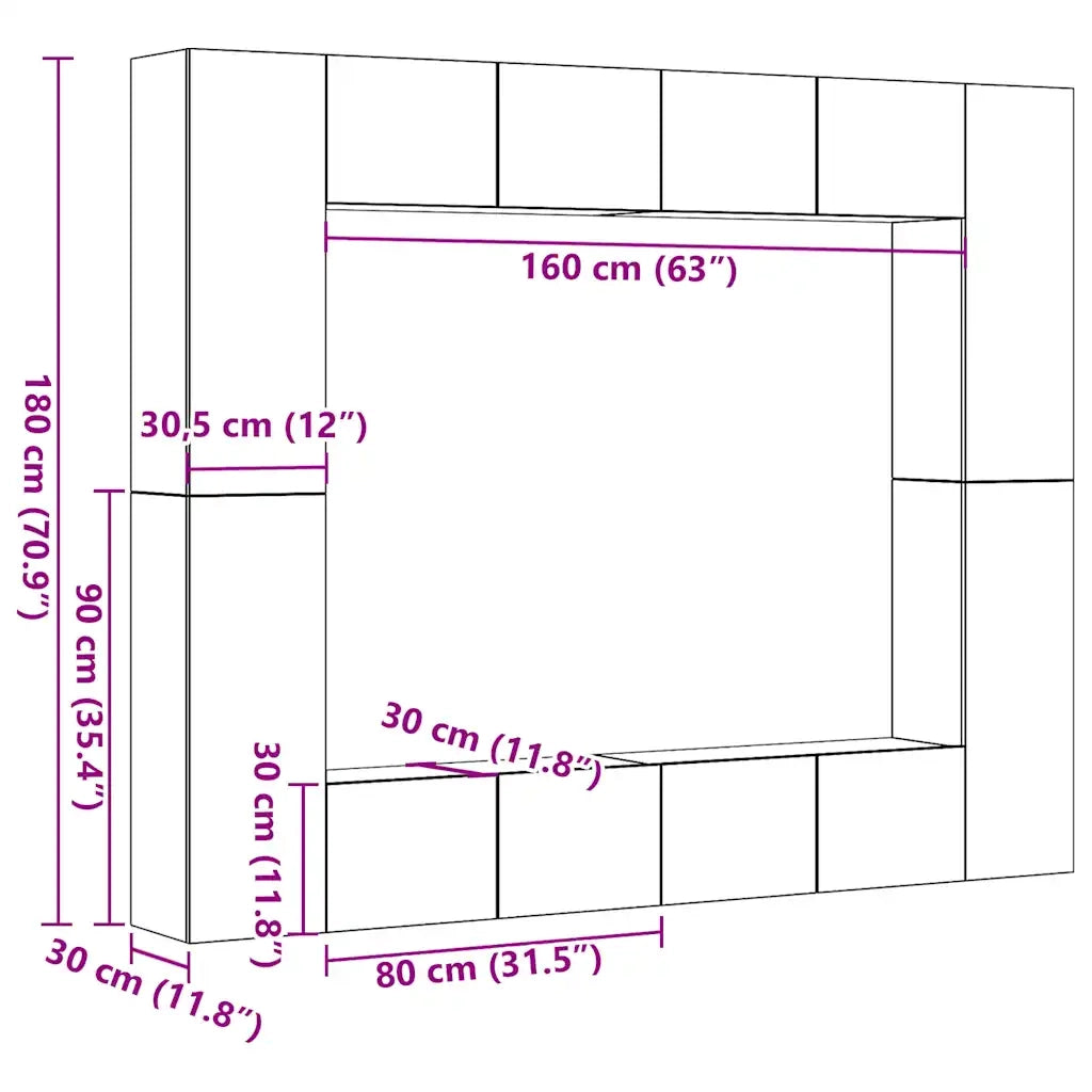 Set Mobile TV 8 pz Montato a Parete Rovere in Legno Multistrato 3328954