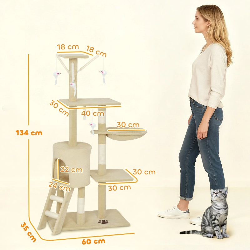 Albero Tiragraffi per Gatti con Cuccia, Nido e Giocattoli, Beige, 60 x 35 x 134 cm