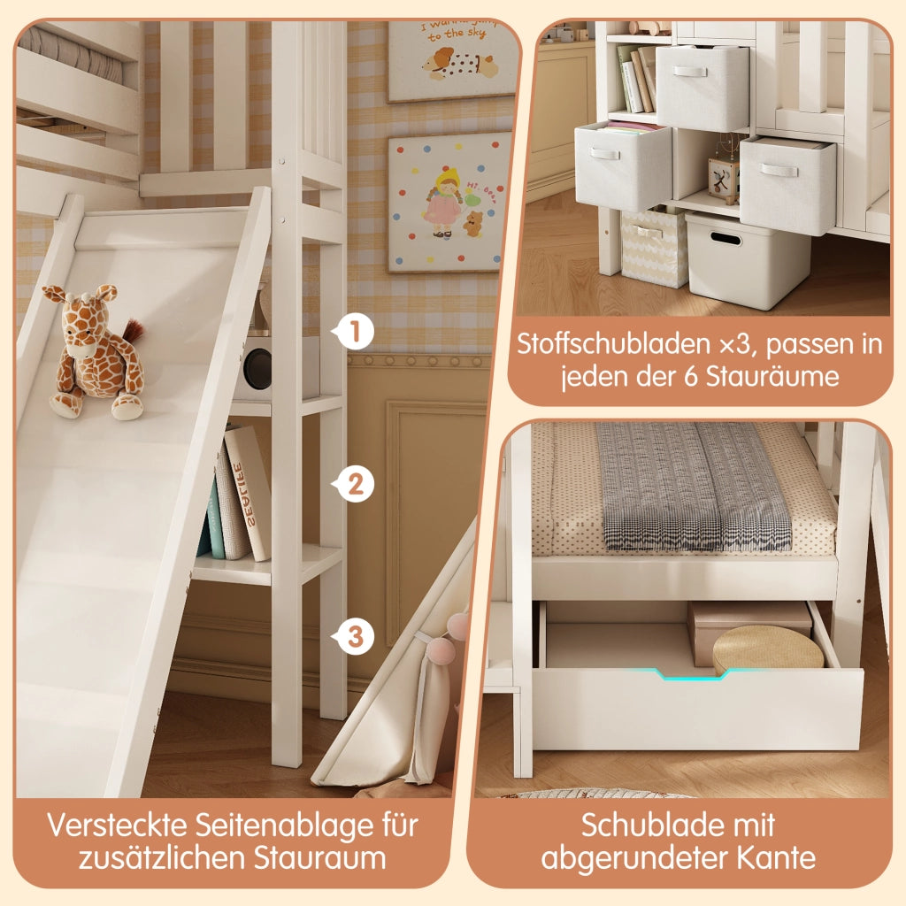 Letto a castello 90 × 200 cm con scivolo, scaletta-armadio, cassetti e ripiano, senza materasso, bianco