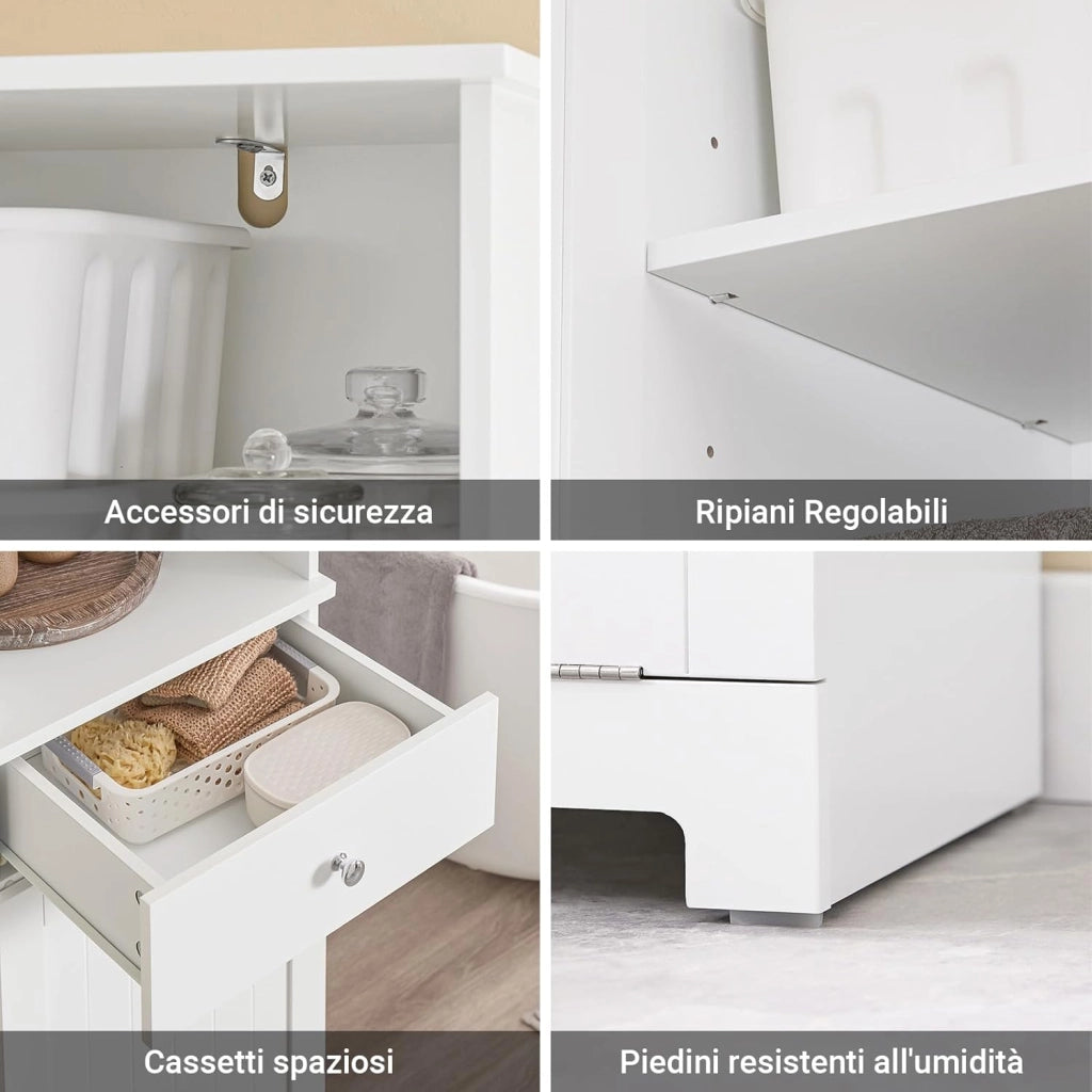 Mobile Bagno Salvaspazio Alto con Cesto Portabiancheria 45L – Colonna Bagno Stretto 40x38x180cm con Cassetto in MDF, Ripiano Aperto e Anta Mobiletto per Lavanderia o WC BZR216-W