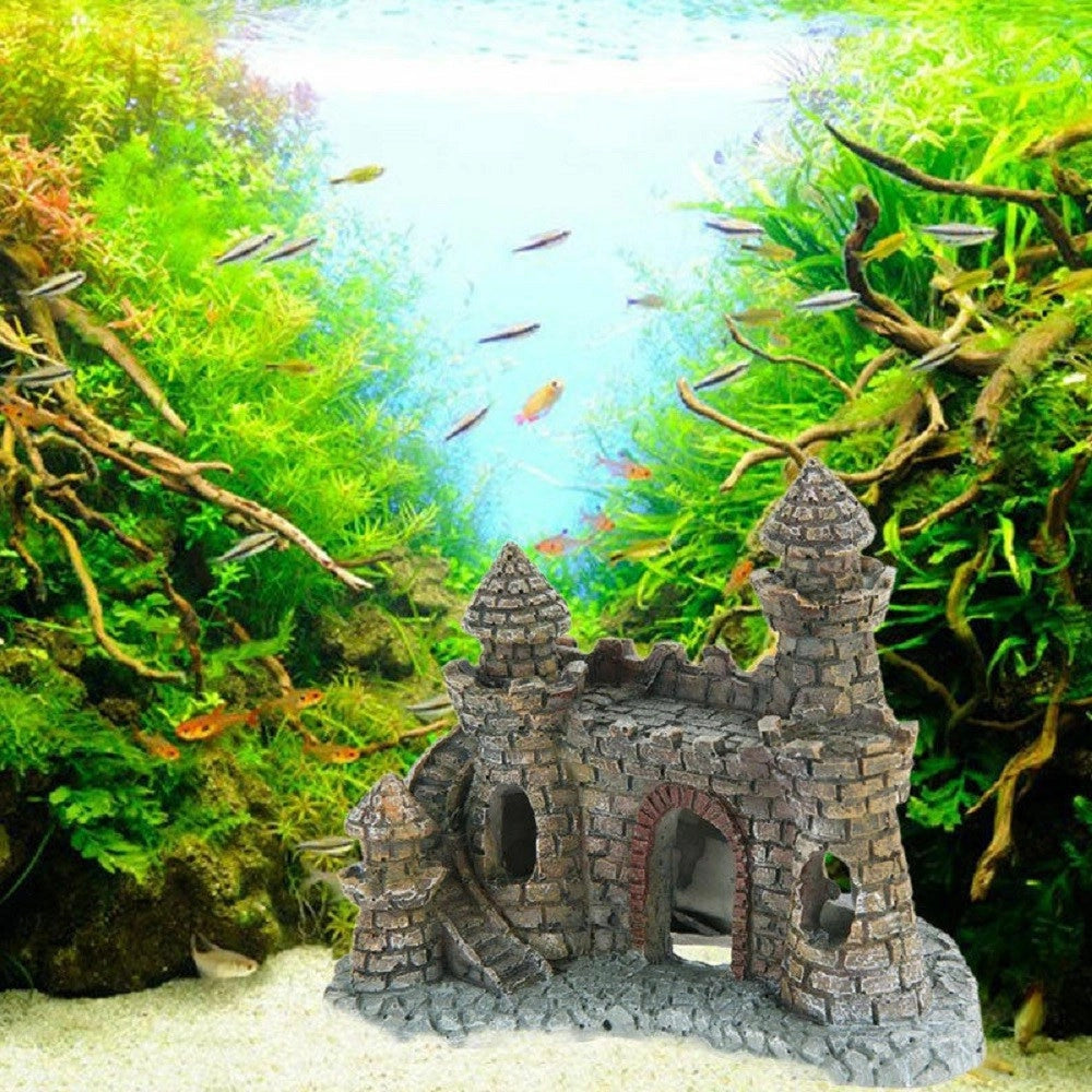 Trade Shop - Decorazione Per Acquario Castello Con Torre Resina Pesci Acqua H10 Cm Ornamento -